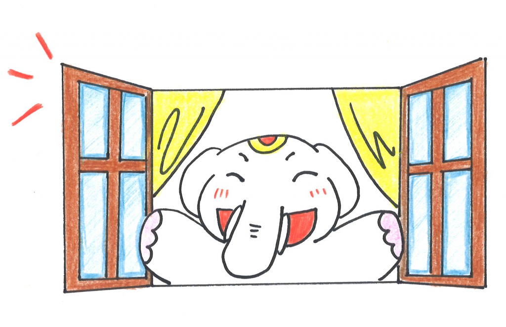 窓を開けて家の中に良い氣を取り込むゾウ!