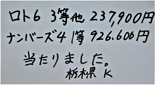 Ｋさん、【ナンバーズ1等 & ロト3等 当選】おめでとうございます！